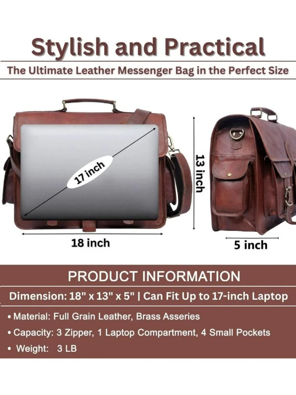Handmade Vintage Leather Messenger Bag, Adjustable Crossbody Laptop Briefcase